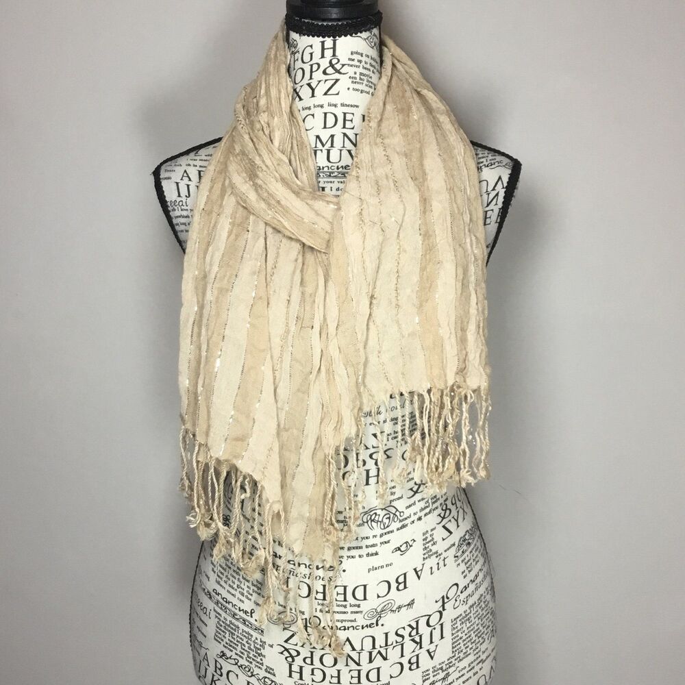 Cotton blend tan silver scarf with tassels 68" long 16"-25" wide hippie boho